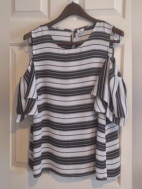 Elle Black & White Striped Cold-Shoulder Blouse